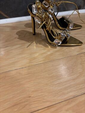 Gold Jeweled Strappy High Heel Sandals - Women's
